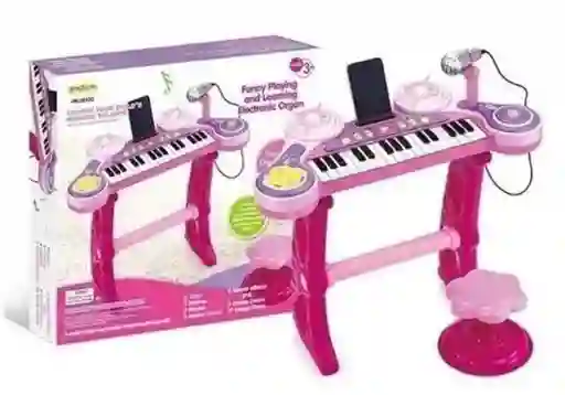 Juguete Organeta Piano Teclado Mp3, Con Silla Y Micrófono Color Rosado, Ref 3012c