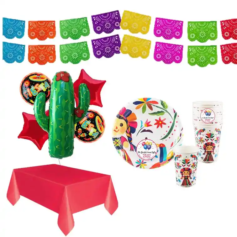 Kit De Decoración Fiesta Mexicana Globos Mantel Platos Vasos