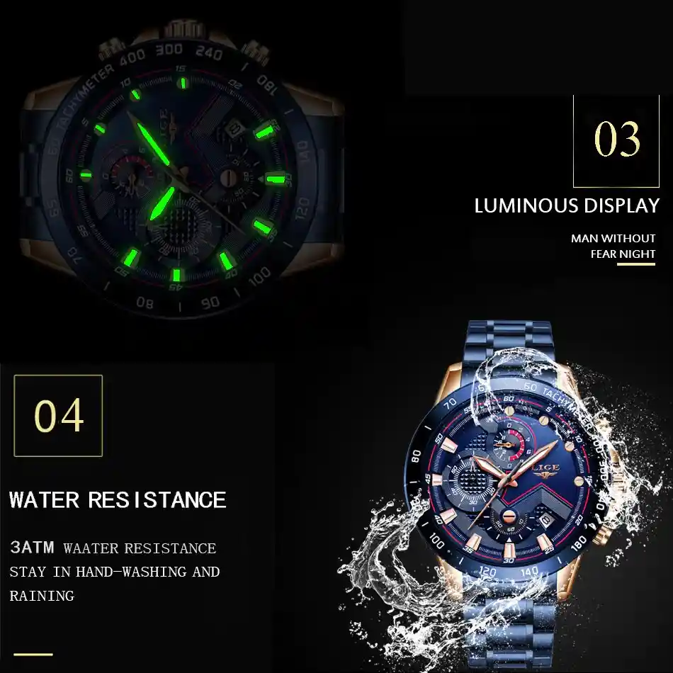 Reloj Hombre Lujo Cuarzo Cronografo Luminoso Acero Inoxidabl