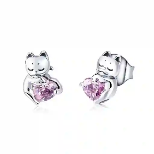 Aretes Para Mujer Gato Corazón Fabricados En Plata 925