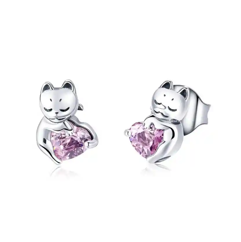 Aretes Para Mujer Gato Corazón Fabricados En Plata 925