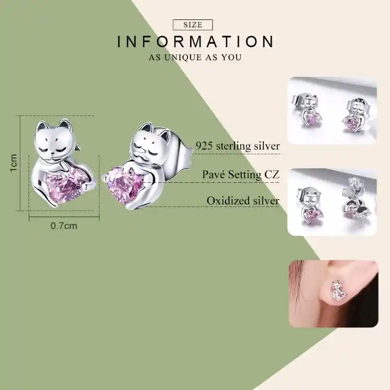 Aretes Para Mujer Gato Corazón Fabricados En Plata 925