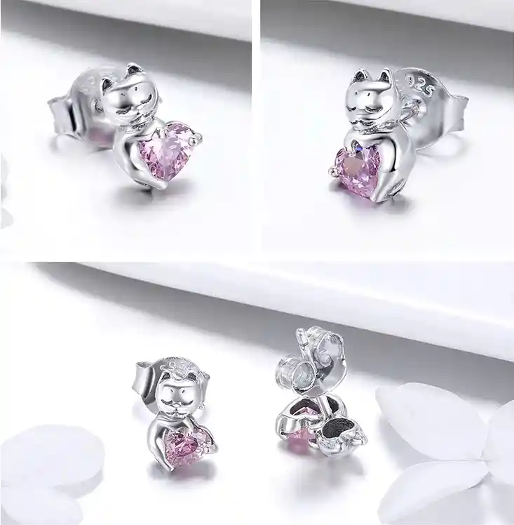 Aretes Para Mujer Gato Corazón Fabricados En Plata 925
