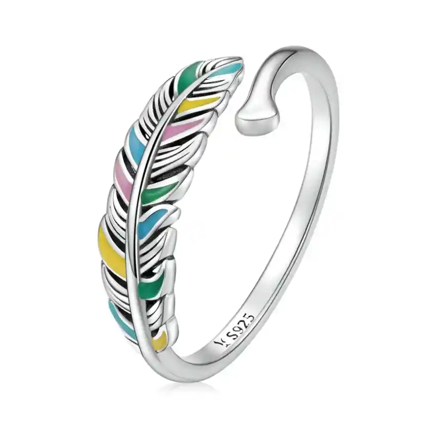 Anillo Ajustable Alhajas Para Mujer Pluma De Colores En Plata