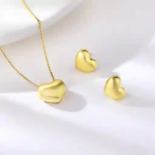 Set Aretes Y Collar Corazón Dorado