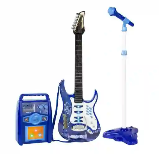 Juguete Guitarra Eléctrica Con Amplificador Micrófono Base Micrófono. Color Azul Hk-8010d