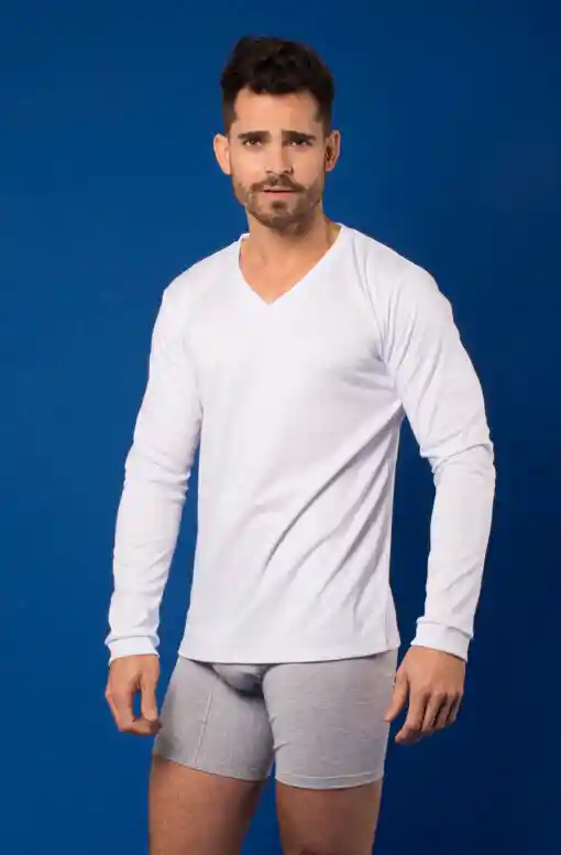 Camiseta Hombre Cuello V Manga Larga Blanca Talla L