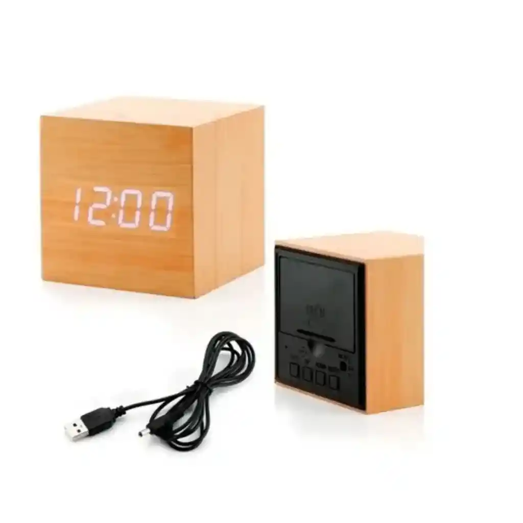 Reloj Cubo Madera Led Digital Alarma Temperatura Fecha Luz
