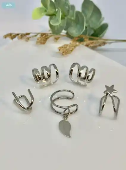 Ear Cuff Setx5 Clips Plata + Ear Cuff Hoja Colgante