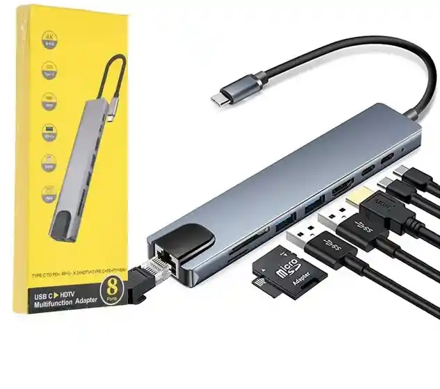 Adaptador Hub Usb Tipo C 8 En 1 Hdmi Rj45 Lector Sd Macbook Y Windows