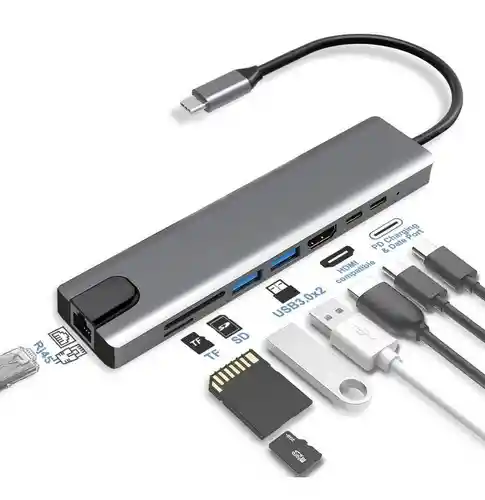 Adaptador Hub Usb Tipo C 8 En 1 Hdmi Rj45 Lector Sd Macbook Y Windows