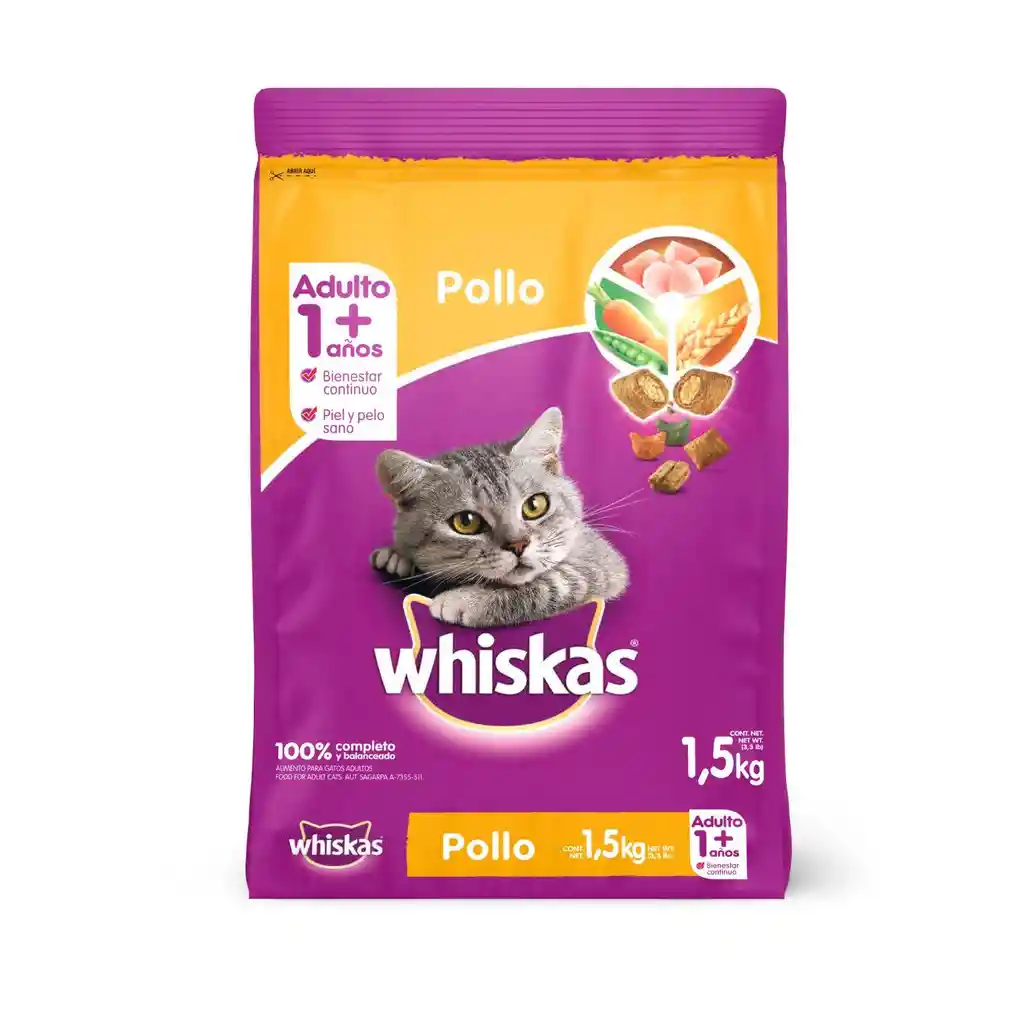 Whiskas Comida Para Gato2 Bultos Pollo Y Leche 1.5Kg C/U