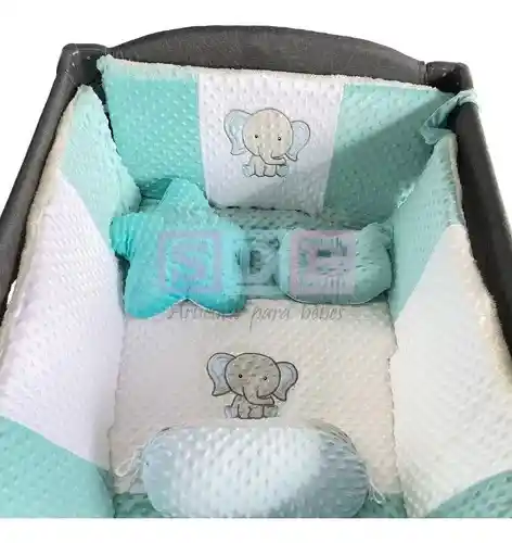 Lencería Corral Cuna Protectores Bumpers Tela Premium Elefante Verde