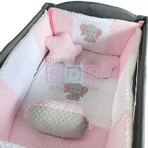 Lencería Corral Cuna Protectores Bumpers Tela Premium Elefante Rosado