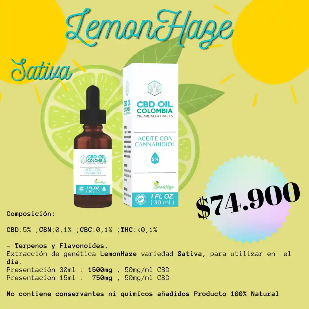 Aceite Cbd Lemonhaze Cbd Gotas Cannabis Cannabidiol 5% 1500mg 30ml
