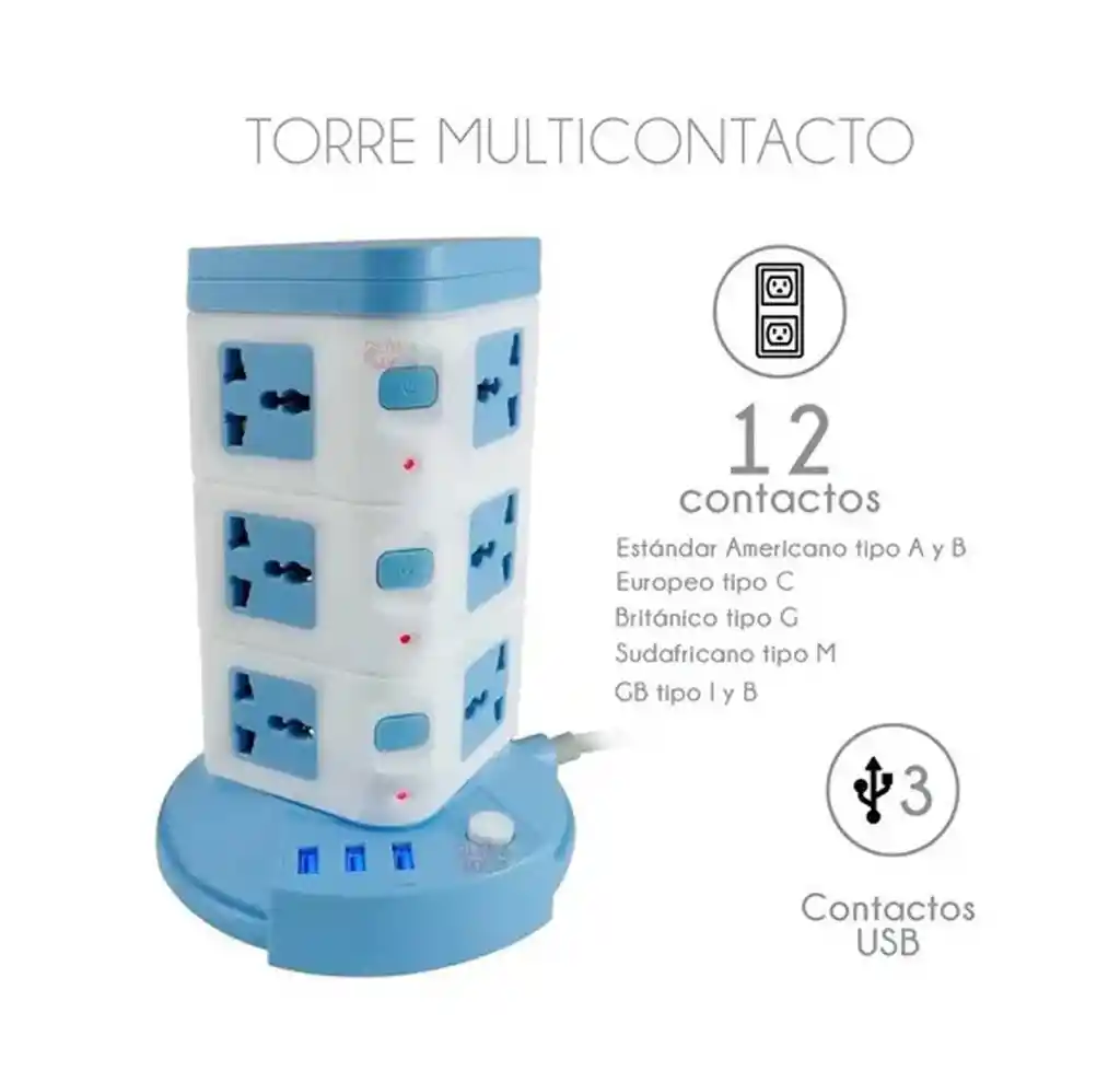 Torre Multitoma Corriente 3 Niveles 3 Usb X 12 Tomas 2500w