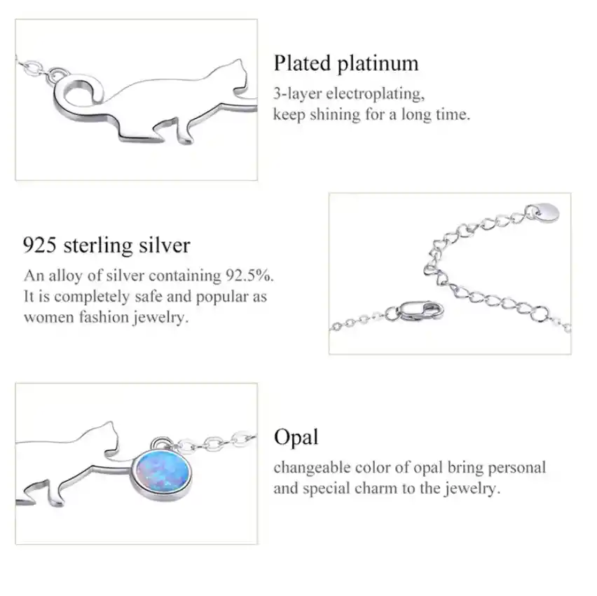 Pulsera Alhajas Para Mujer Gato Con Bola De Ópalo En Plata 925