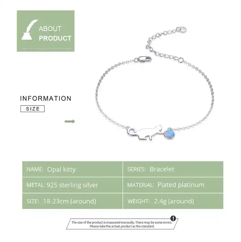Pulsera Alhajas Para Mujer Gato Con Bola De Ópalo En Plata 925