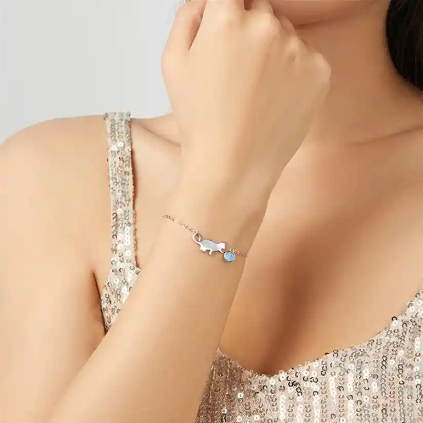 Pulsera Alhajas Para Mujer Gato Con Bola De Ópalo En Plata 925