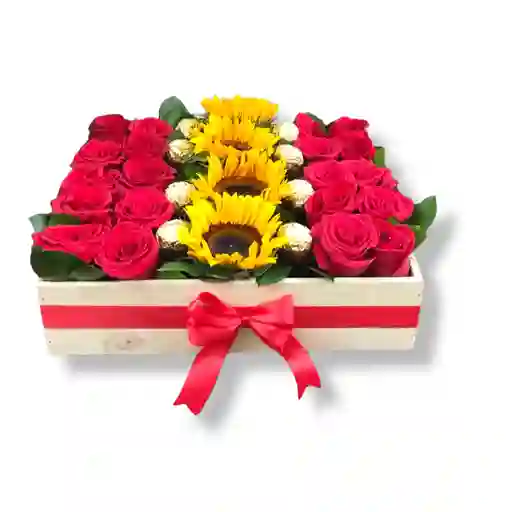 Caja Floral Con Rosas, Girasoles Y Chocolates