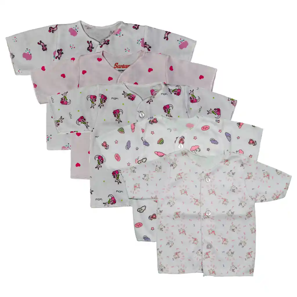 Combo X5 Camisetas Manga Corta Bebé Prematuro Estampado Niña