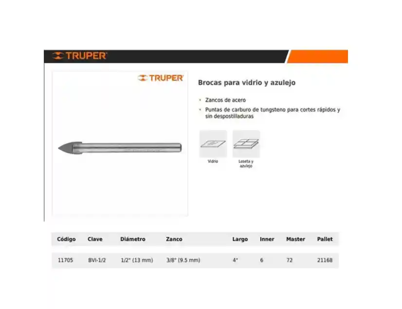 Broca Para Vidrio De 1/2"