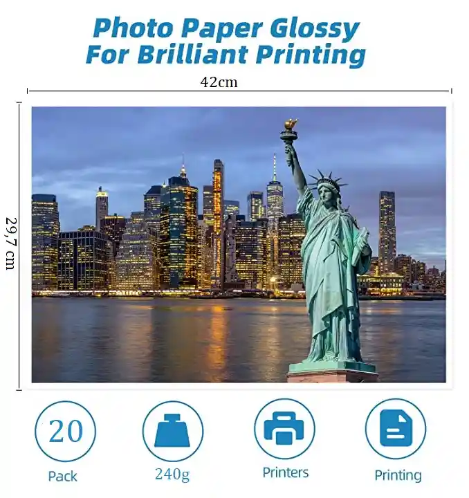 Papel Fotográfico Tamaño Tabloide A3 X 20 Hojas 240g Impresión De Fotos Brillante Fotografía Resma