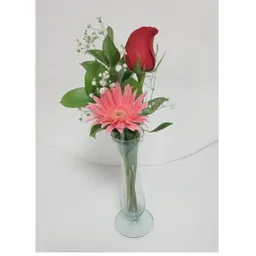 Solitario De 1 Rosa, 1 Gerbera Y Follaje