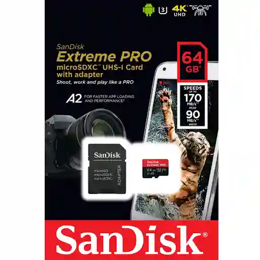 Micro Sd 64gb Sandisk Extreme Pro U3 4k 170mbs