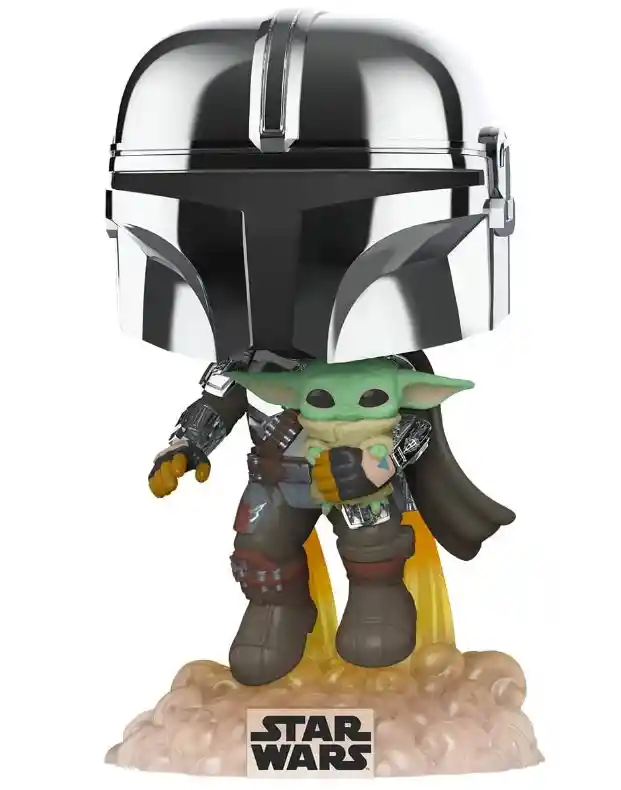 Funko Pop Star Wars: Across The Galaxy - The Mandalorian Holding Grogu Con Pin, Acabado Cromado, Exclusivo De Amazon(original)