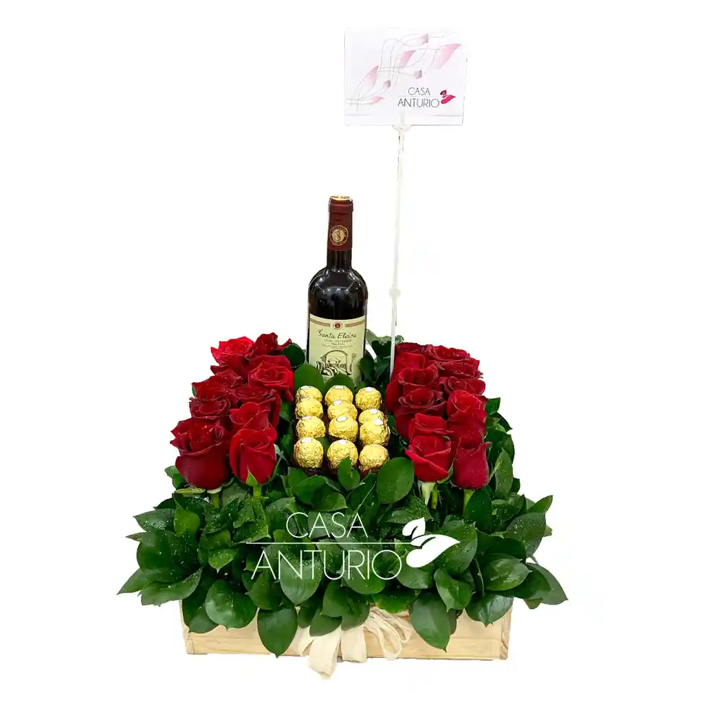 Arreglo Con Rosas Rojas, Vino Santa Eloisa Y Bombones De Chocolate Ferrero Rocher