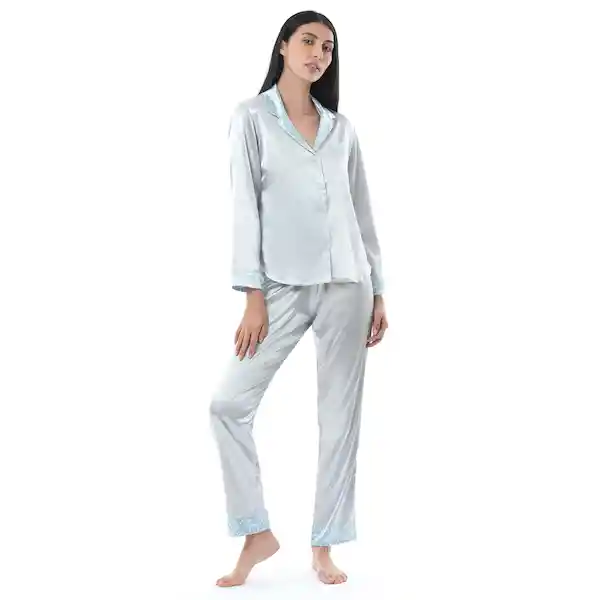 Pijama Satin Gris Detalle Floral - Talla L