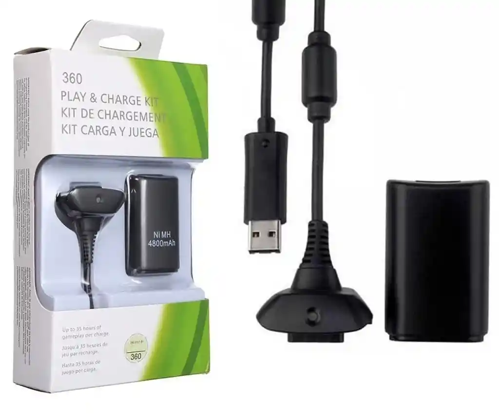 Kit Carga Y Juega Xbox 360 Juega 35 Horas Batería Cable Control Xbox Mando