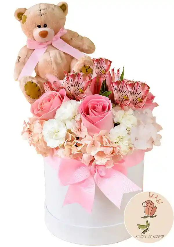 Caja Floral Tonos Rosados Con Peluche