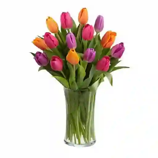 Arreglo Floral 15 Tulipanes Surtidos Cristal En Jarrón