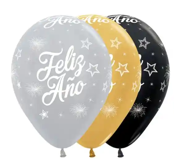 R-12 Globos Bombas Satin Y Metal Inf. Feliz Año Nuevo X12u Sempertex