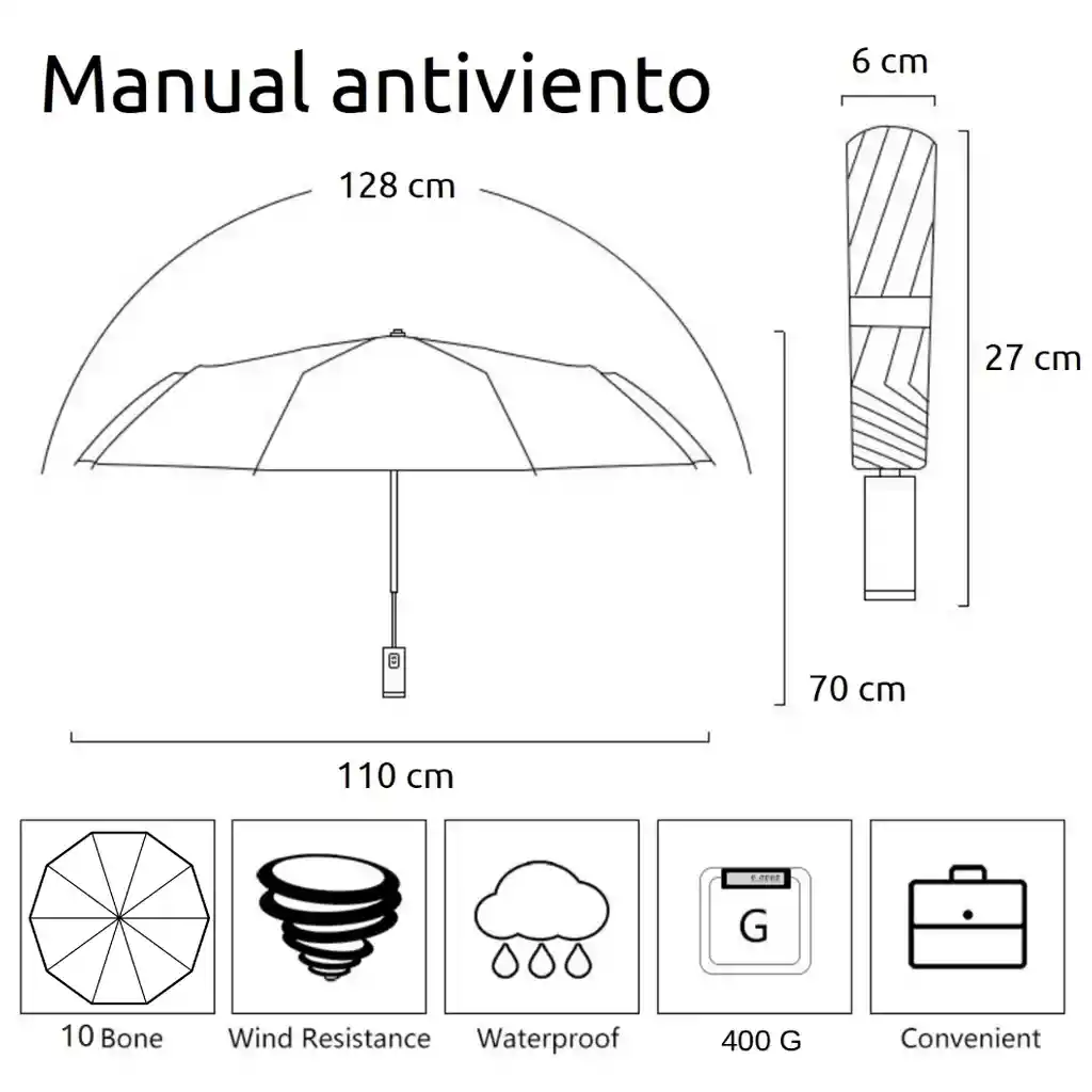 Sombrilla Paraguas Anti Viento 10 Varillas Grande De 110 Cm