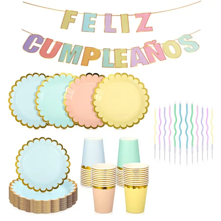 Kit De Cumpleaños Color Pastel Para 40 Personas + 12 Velas Color Pastel