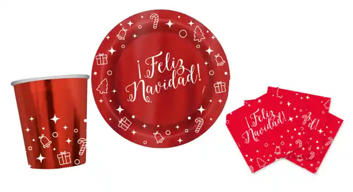 Set Plato, Vasos, Servilletas Feliz Navidad Metalizado Brillante