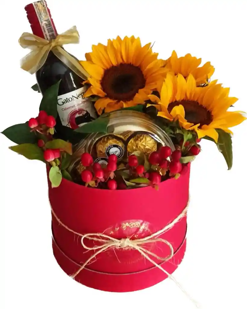 Caja Con Girasoles, Vino Y Chocolates