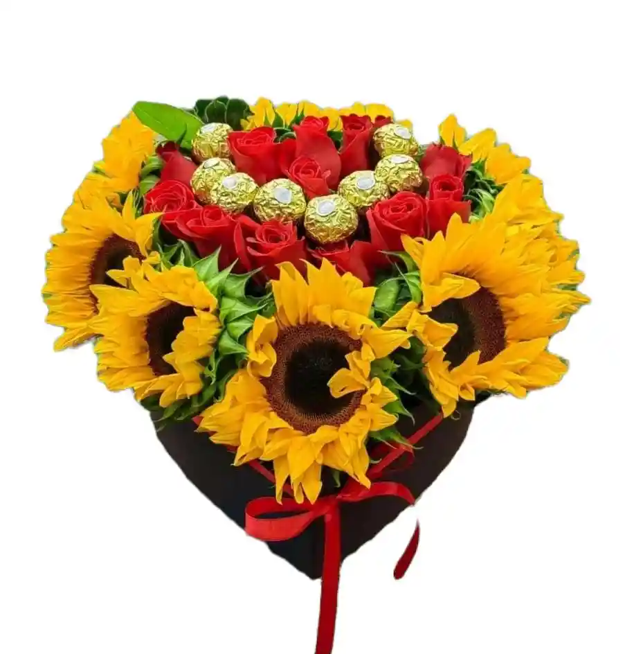 Girasoles Y Rosas Con Chocolates En Base Corazon Negro