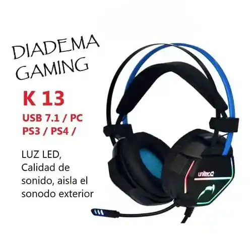 Diadema Gamer Unitec K13, Usb 7.1 Virtual Ps3/ps4/pc Luz Led