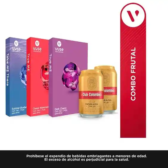 Vuse Combo Capsulasummer Blueberry 0 Mg/Ml + Capsulaclassic Watermelon 0 Mg/Ml + Capsuladark Cherry 0 Mg/Ml + 2 Cerveza Club Colombia Dorada Lata 330 Ml