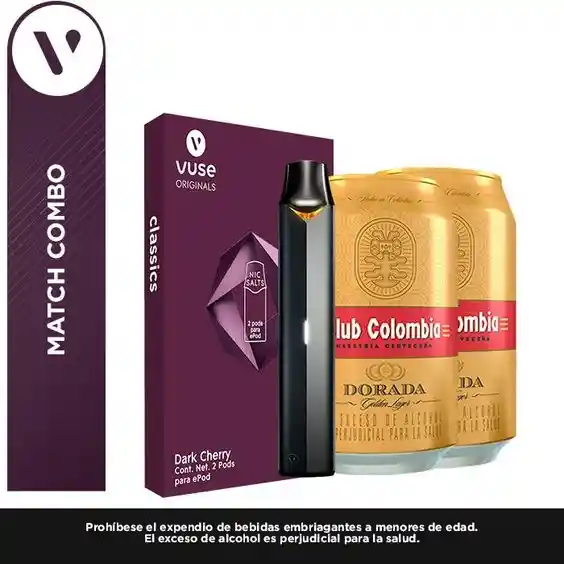 Vuse Combo Dispositivoepod2 Device Black + Capsuladark Cherry Vpro 34 Mg/Ml + 2 Cerveza Club Colombia Dorada Lata 330 Ml