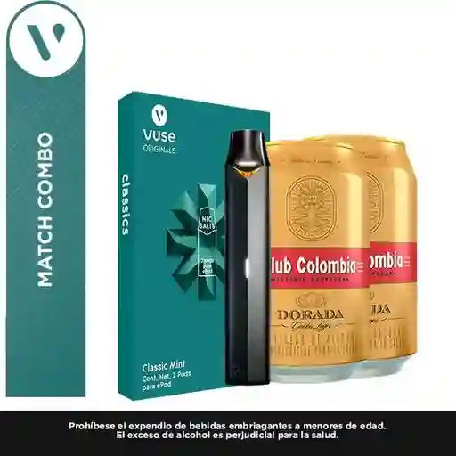 Vuse Combo Dispositivoepod2 Device Black + Capsulaclassic Mint Vpro 18 Mg/Ml + 2 Cerveza Club Colombia Dorada Lata 330 Ml