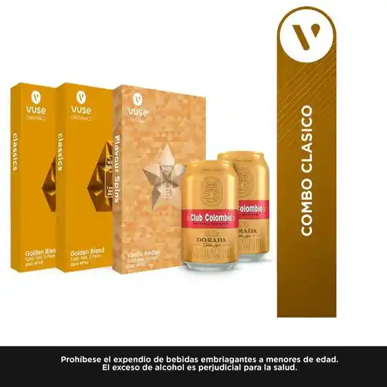 Vuse Combo Capsulagolden Blend Vpro 34 Mg/Ml + Capsulavainilla Medley Vpro 34 Mg/Ml + 2 Cerveza Club Colombia Dorada Lata 330 Ml