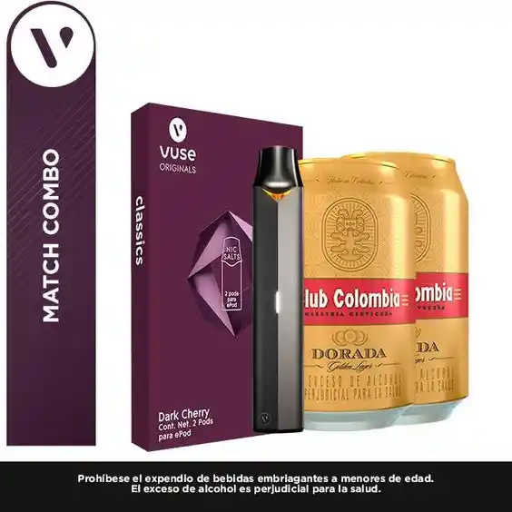 Vuse Combo Dispositivoepod2 Device Graphite + Capsuladark Cherry Vpro 34 Mg/Ml + 2 Cerveza Club Colombia Dorada Lata 330 Ml