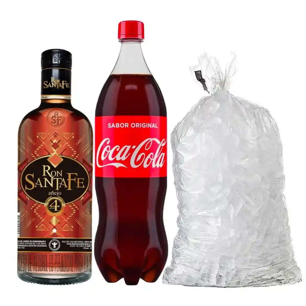 Combo Ron Santa Fe Añejo 750 Ml + Gaseosa Coca Cola 1.5lt Original + Hielo X 2 Kgs