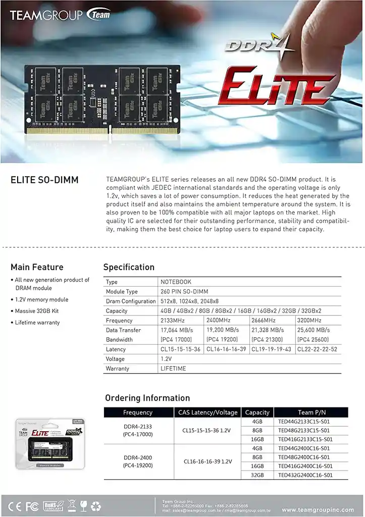 Memoria Ram 16gb 2666 Portatil Ddr4 Cl19 Teamgroup Elite