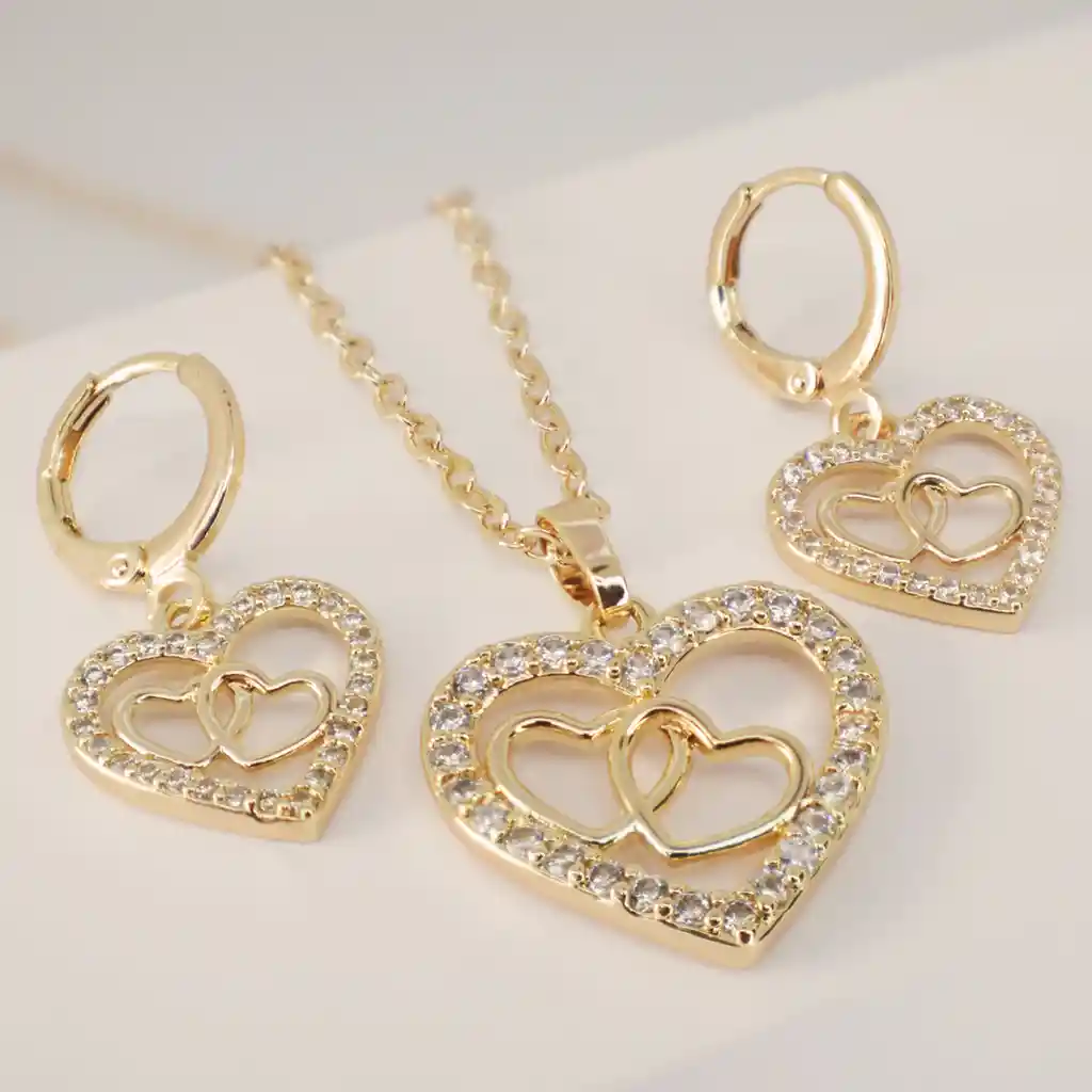 Conjunto Corazones Entrelazados Con Zircones - Baño Oro 18k 1